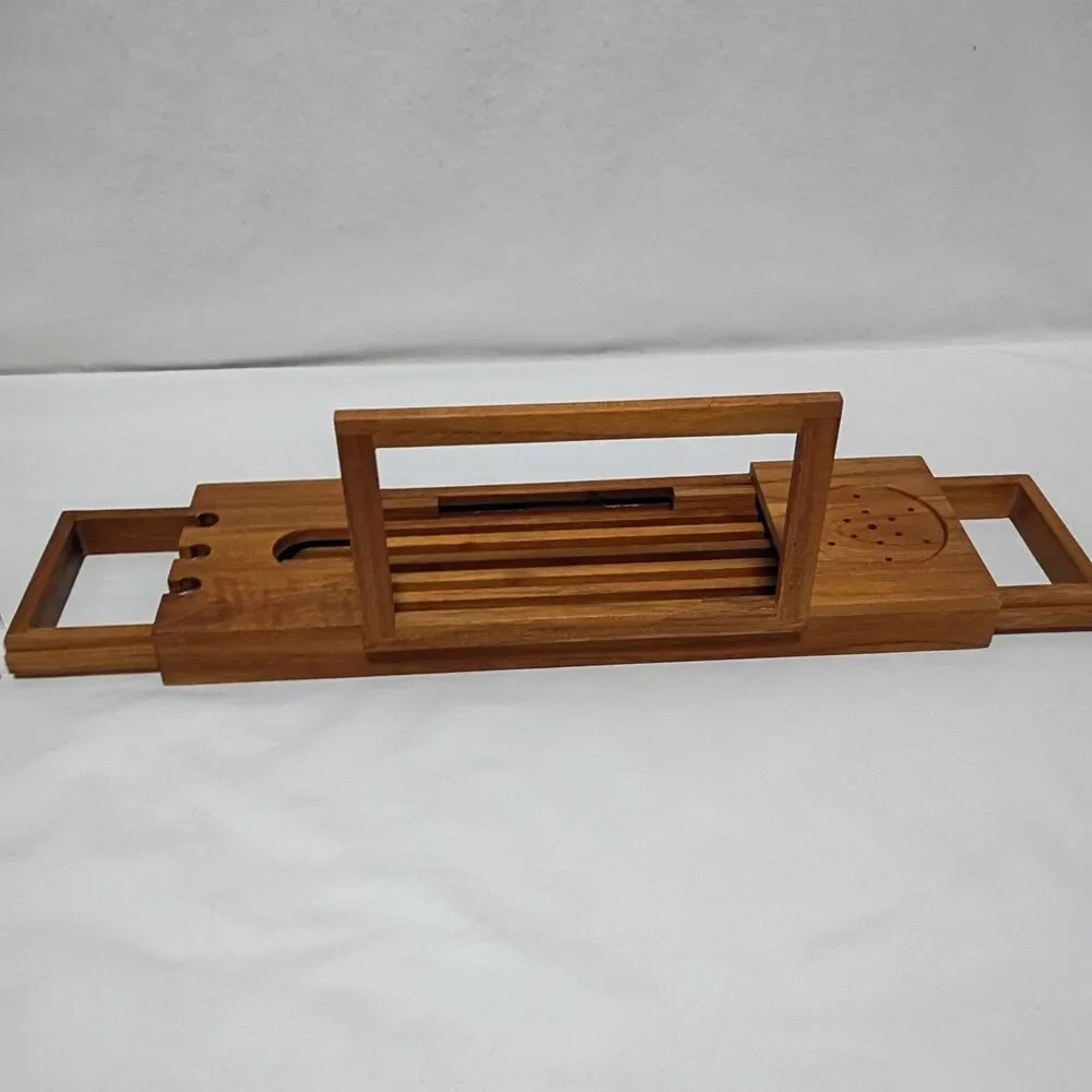 Teak Bathtub Caddy Tray Adjustable iPad Book & Wine Holder Spa Bath 20-33.5”